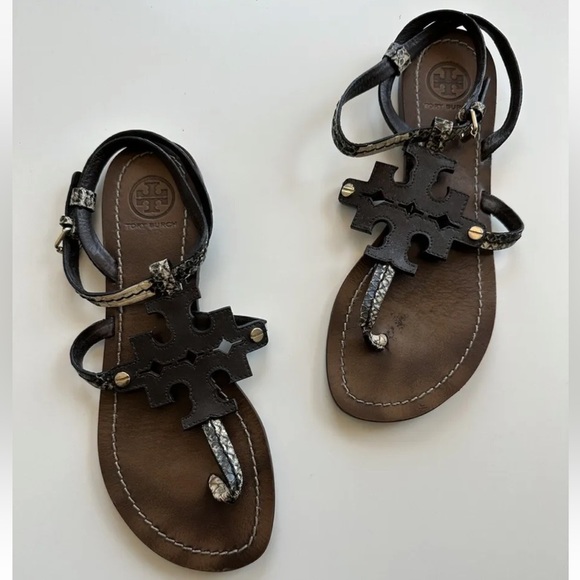 Tory Burch Shoes - Tory Burch Phoebe Snake-Embossed Logo Flat Sandals Size 6.5